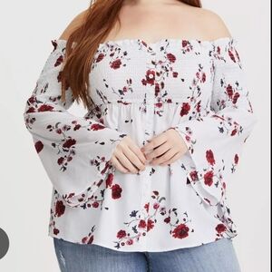 Torrid White and Red Smocked Bell Sleeve Blouse